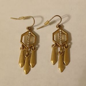 Dainty Gold Tone Rhinestone Dangle Hexagonal Earrings